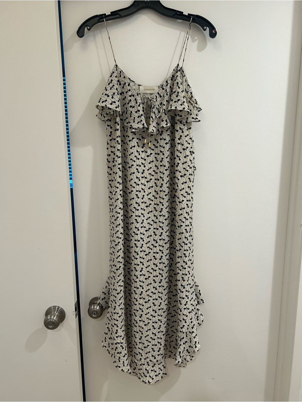 Zimmerman Spaghetti Strap Ruffle Midi Dress in Cream with Black Print